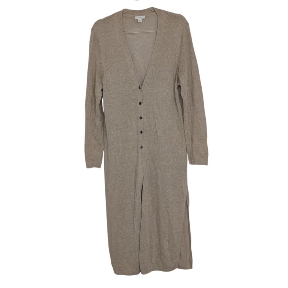 J Jill Duster Cardigan Womens Size Medium Beige Linen Blend Coastal Minimalist